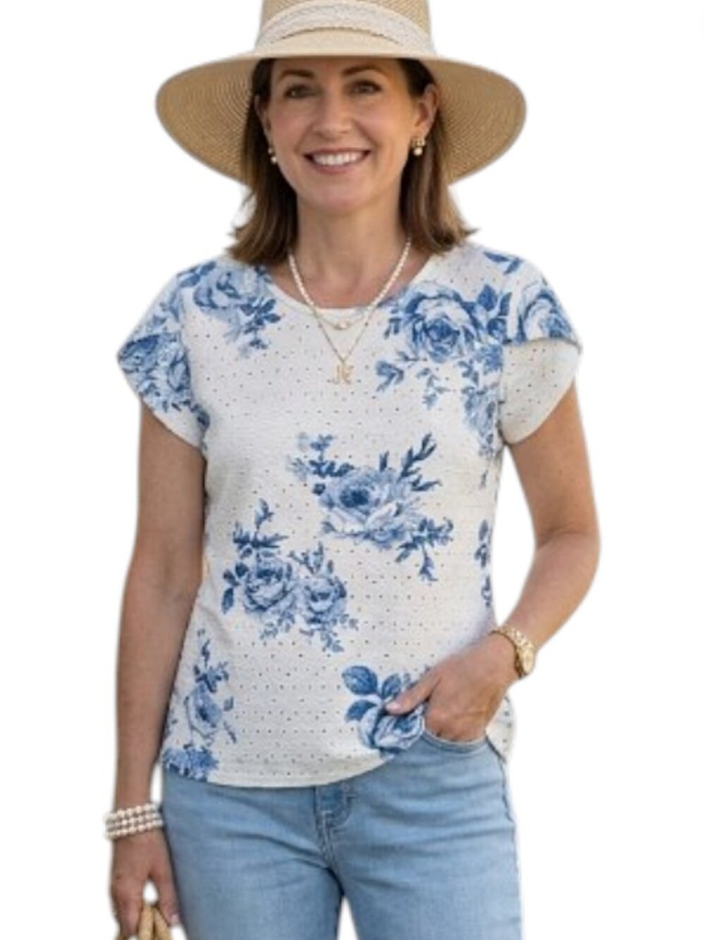 Lucy & Laurel Off White Blue Floral Eyelet Top M Cottagecore Boho